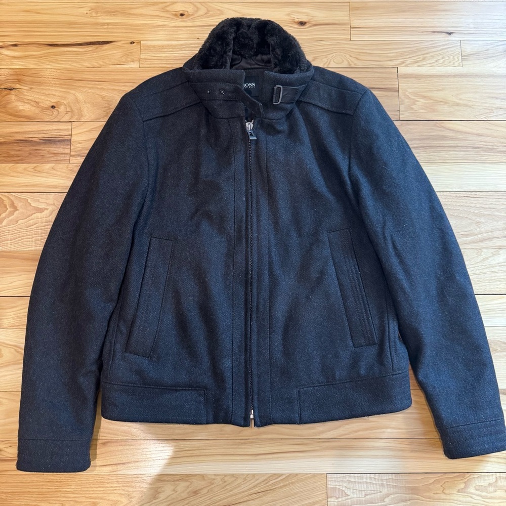 BOSS Hugo Boss Virgin Wool Full Zip Bomber Jacket with Faux Fur Collar